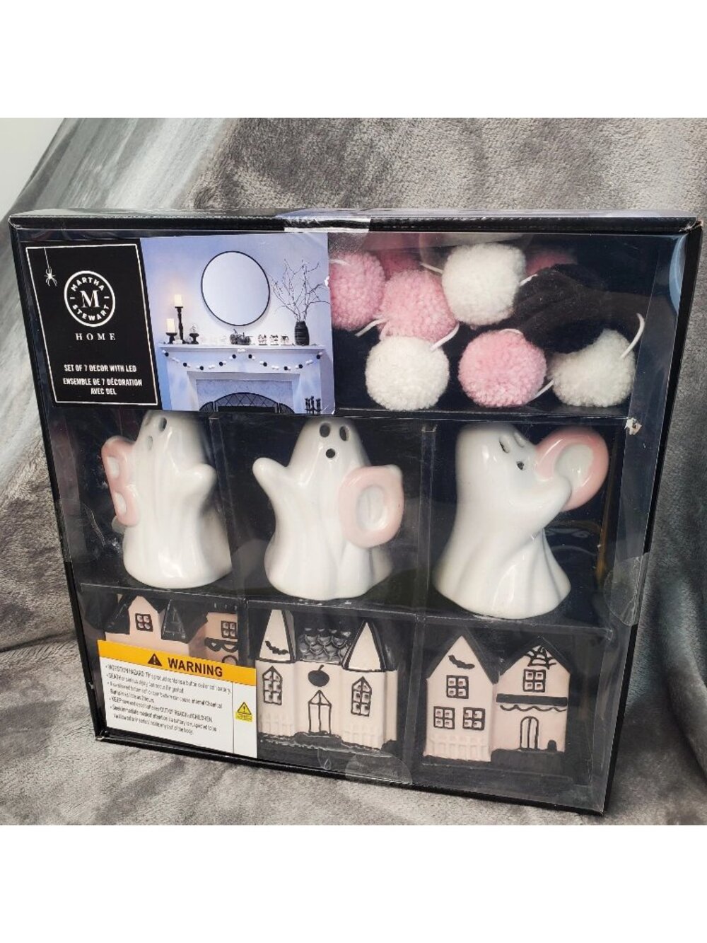 Martha Stewart LED 7pc Set Halloween Village Pink Ghosts Garland Holiday Light